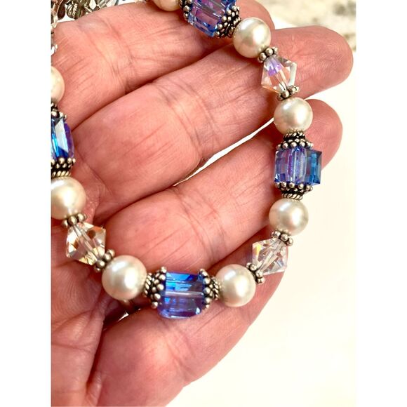 Handmade Vintage Pearl and Austria Crystal Bracelet #light sapphire #pearl - Picture 3 of 4